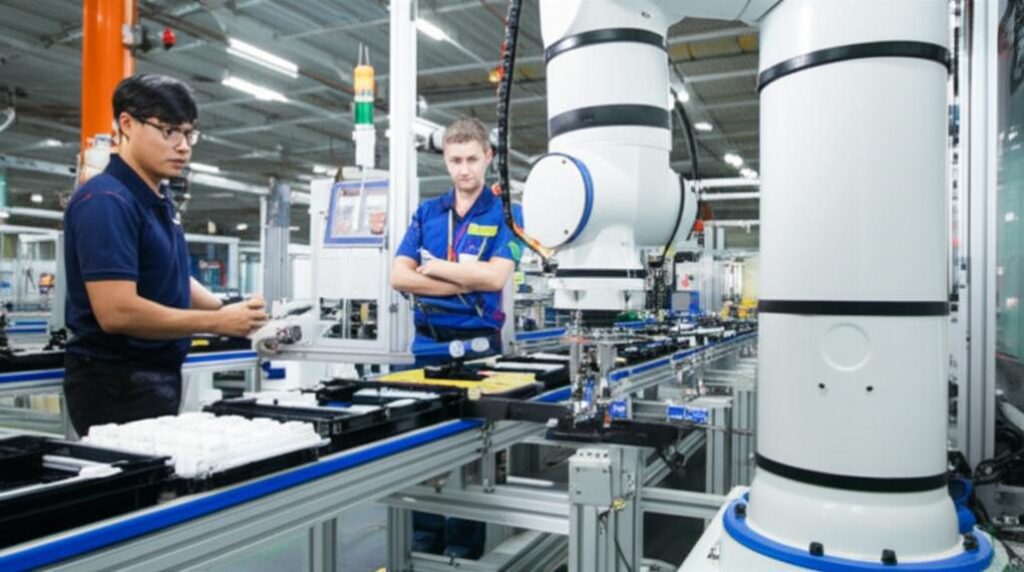 Robot cộng tác làm việc cùng công nhân trên dây chuyền sản xuất.