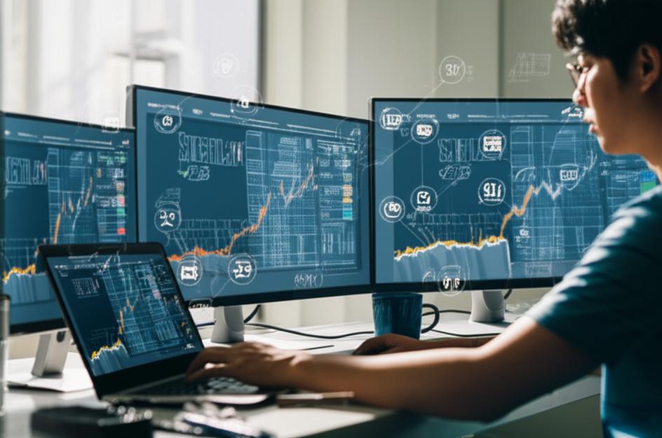 Bàn làm việc với màn hình hiển thị biểu đồ tăng trưởng và các ứng dụng marketing.