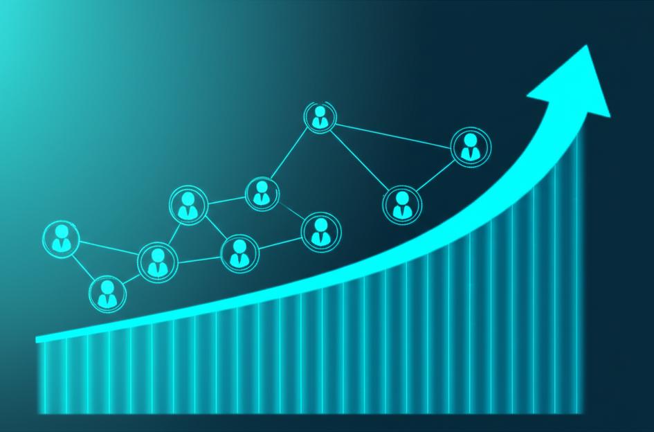 Minh họa công cụ quản lý khách hàng (CRM) với biểu đồ tăng trưởng và các yếu tố kết nối khách hàng.