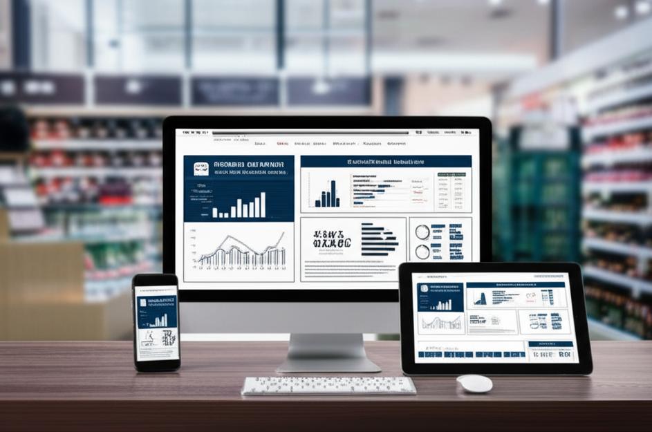 Giao diện phần mềm quản lý cửa hàng hiển thị biểu đồ doanh thu và thông tin tồn kho trên màn hình máy tính.