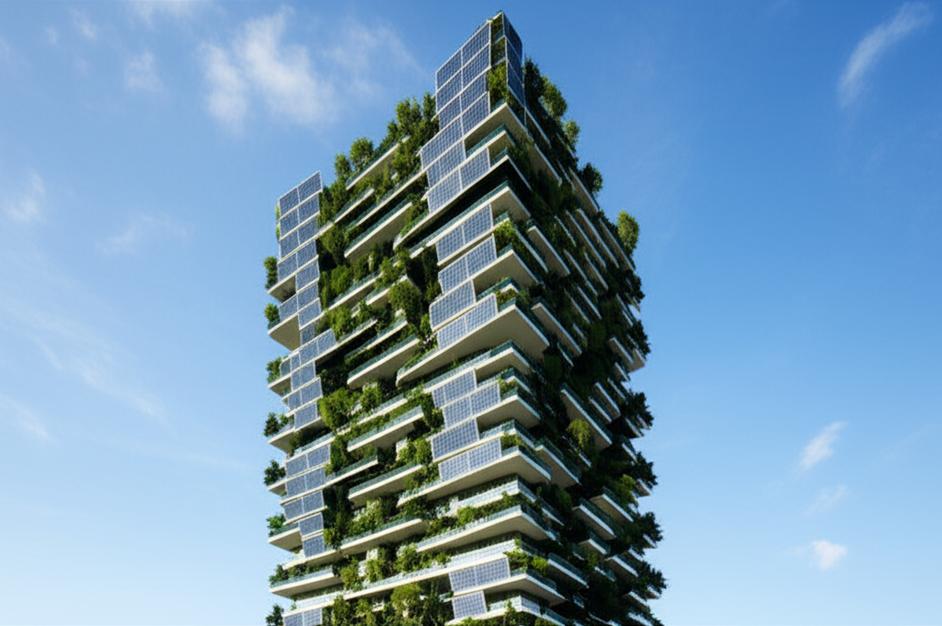Tòa nhà xanh hiện đại với pin mặt trời và cây xanh.