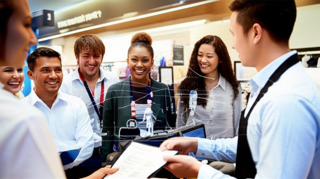 Trải Nghiệm Khách Hàng: Bí Quyết Vàng Nâng Tầm Kinh Doanh 7 Nhân viên cửa hàng thân thiện tương tác với khách hàng vui vẻ trong cửa hàng hiện đại.