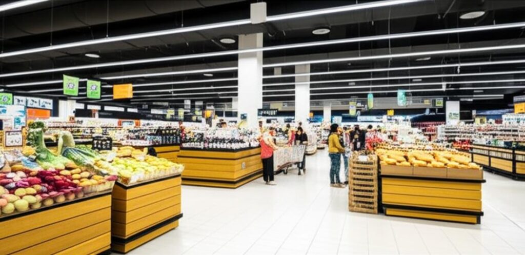 Cảnh mua sắm nhộn nhịp bên trong một đại siêu thị hiện đại, với hàng hóa phong phú và khách hàng đang lựa chọn sản phẩm.