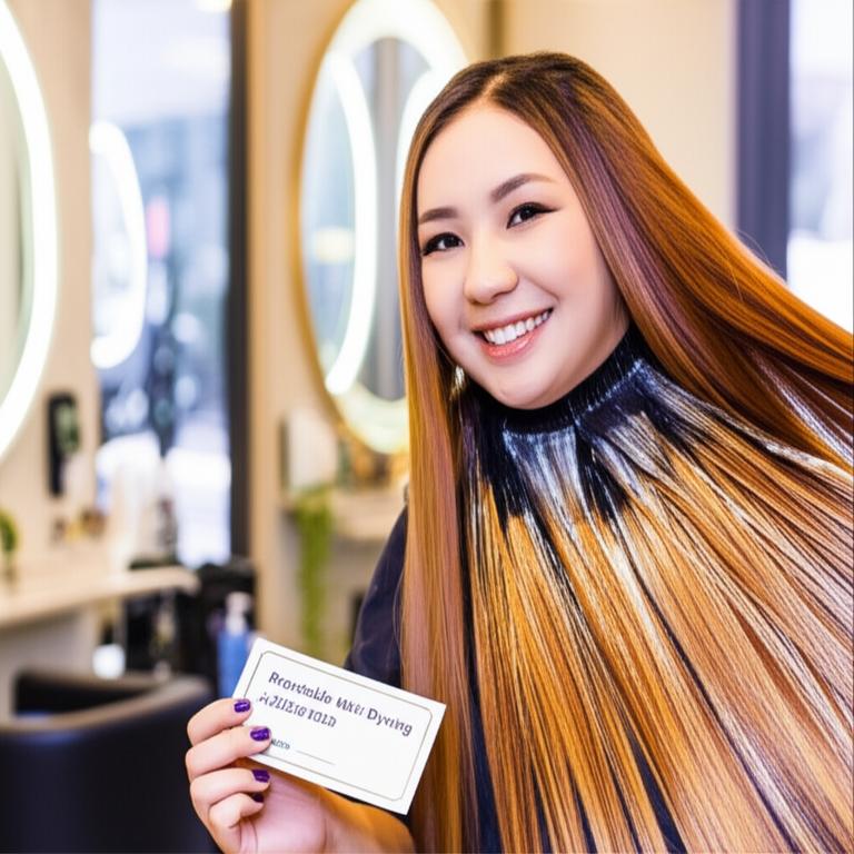 Cô gái trẻ khoe mái tóc nhuộm màu nâu hạt dẻ bóng mượt tại một salon tóc hiện đại.