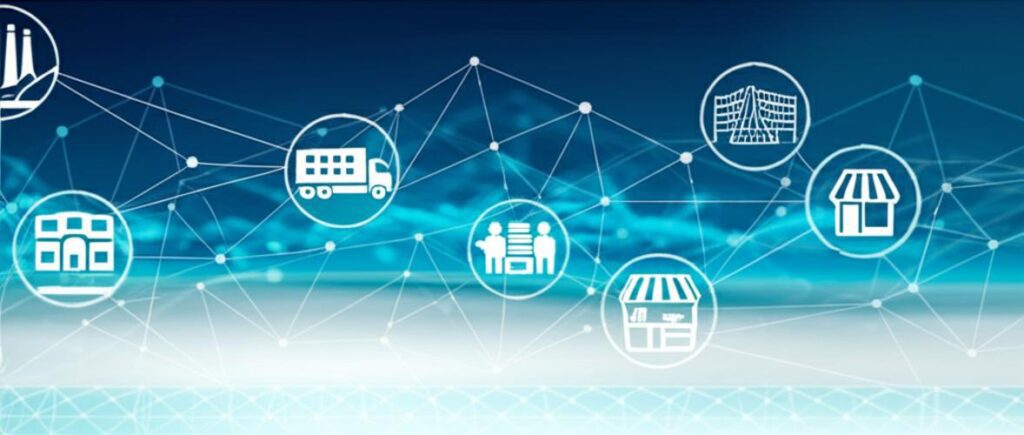 Minh họa Digital Twin kết nối và tối ưu hóa chuỗi cung ứng với luồng dữ liệu và các biểu tượng liên quan.