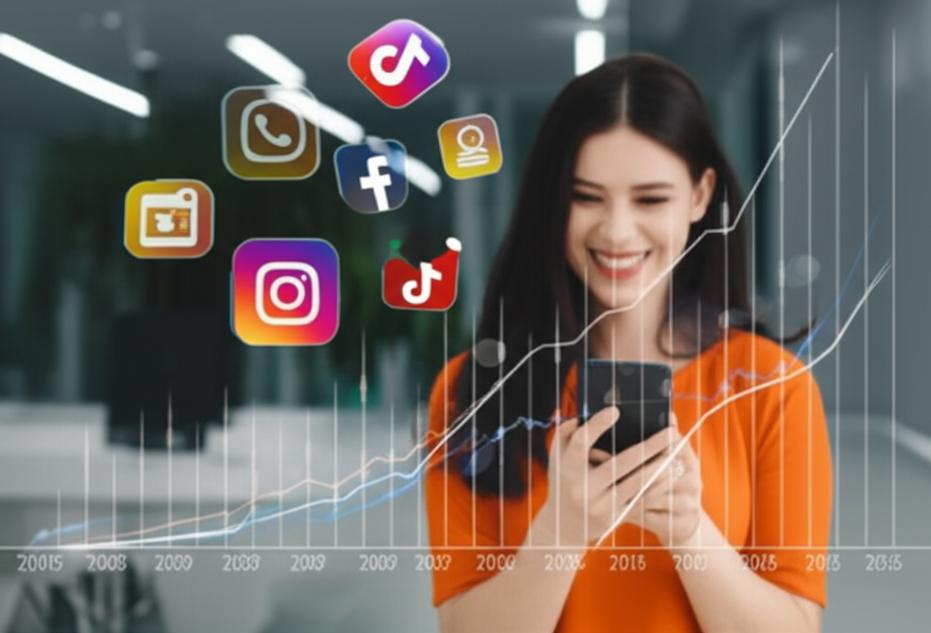 Người phụ nữ trẻ với điện thoại, biểu tượng mạng xã hội và biểu đồ doanh thu tăng trưởng.