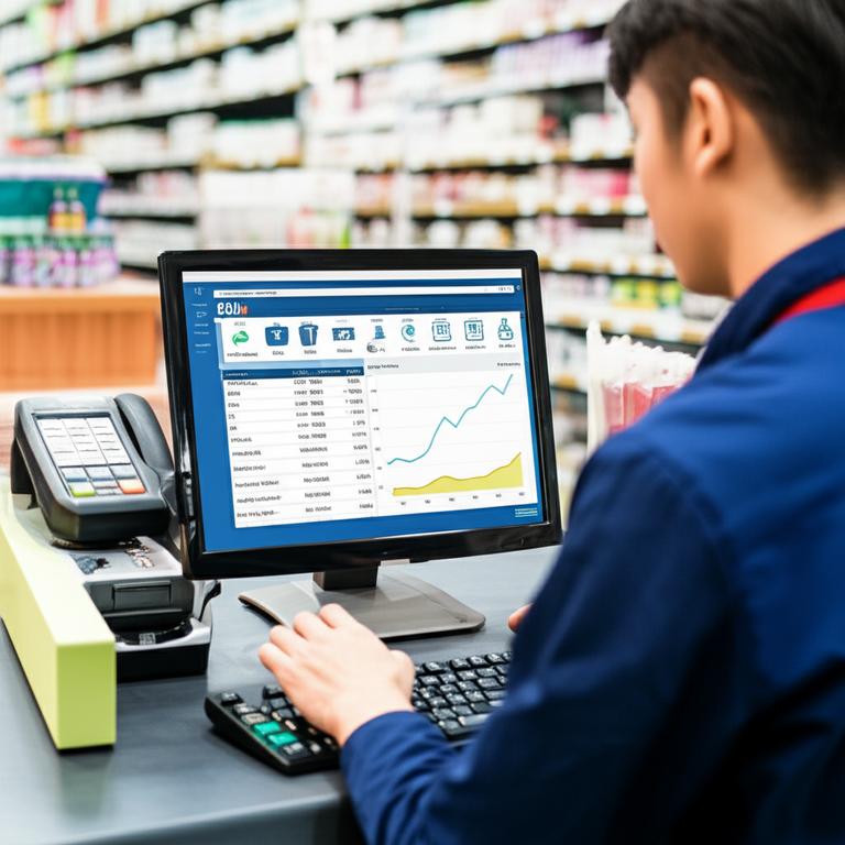 Giao diện phần mềm Ebix trên máy tính tại quầy thu ngân, thể hiện sự chuyên nghiệp và hiệu quả trong quản lý bán hàng offline.