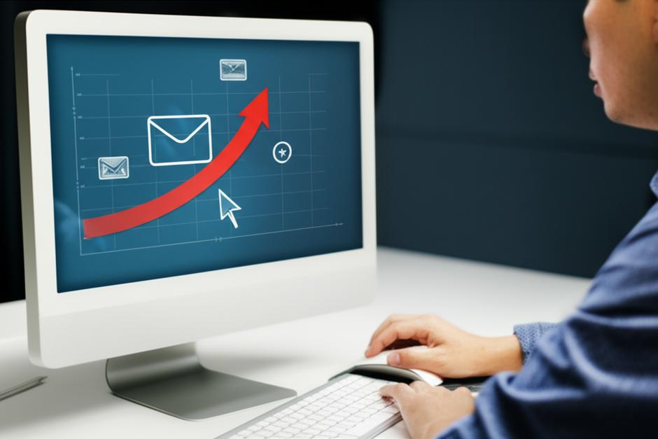 Bí quyết gửi Email Marketing hiệu quả: Tăng tỷ lệ mở và chuyển đổi 8 Biểu đồ tăng trưởng và các biểu tượng email marketing trên màn hình máy tính.