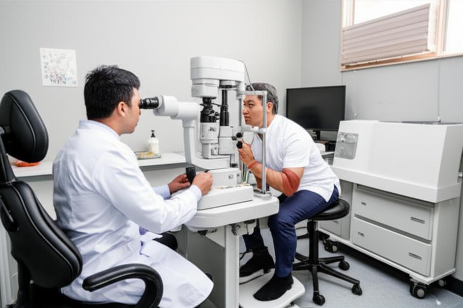 Phòng khám mắt hiện đại với bác sĩ đang kiểm tra mắt cho bệnh nhân.