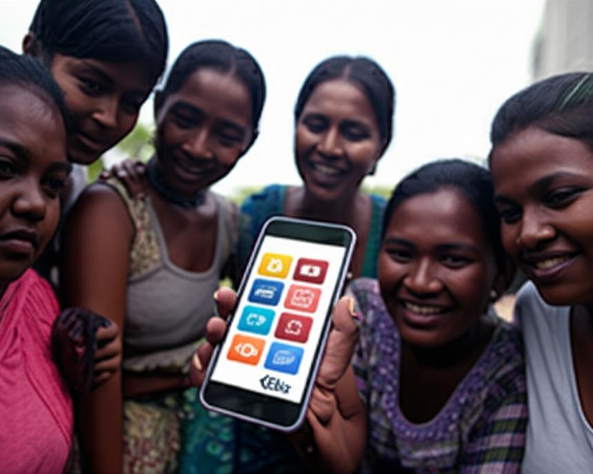 Fintech cho người có thu nhập thấp: Cơ hội và Thách thức 8 Empowered individuals from BoP communities engaging with financial technology on a smartphone.