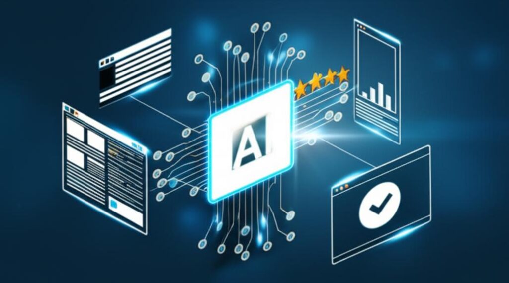 Minh họa về tối ưu hóa tìm kiếm tạo sinh với biểu tượng AI kết nối đến dữ liệu, nội dung chất lượng và người dùng.