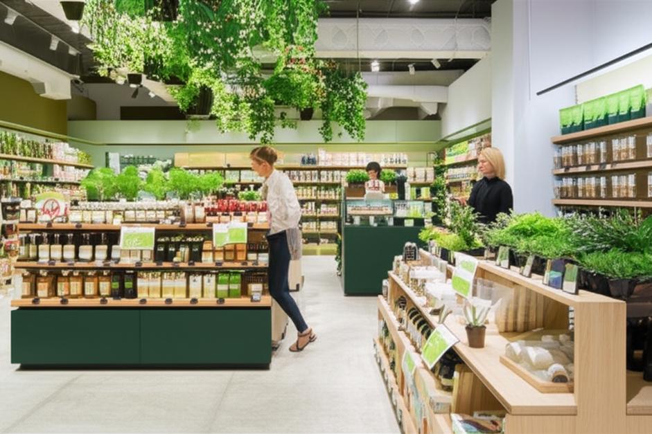 Cửa hàng bán lẻ hiện đại, xanh, với sản phẩm thân thiện môi trường, ánh sáng tự nhiên.