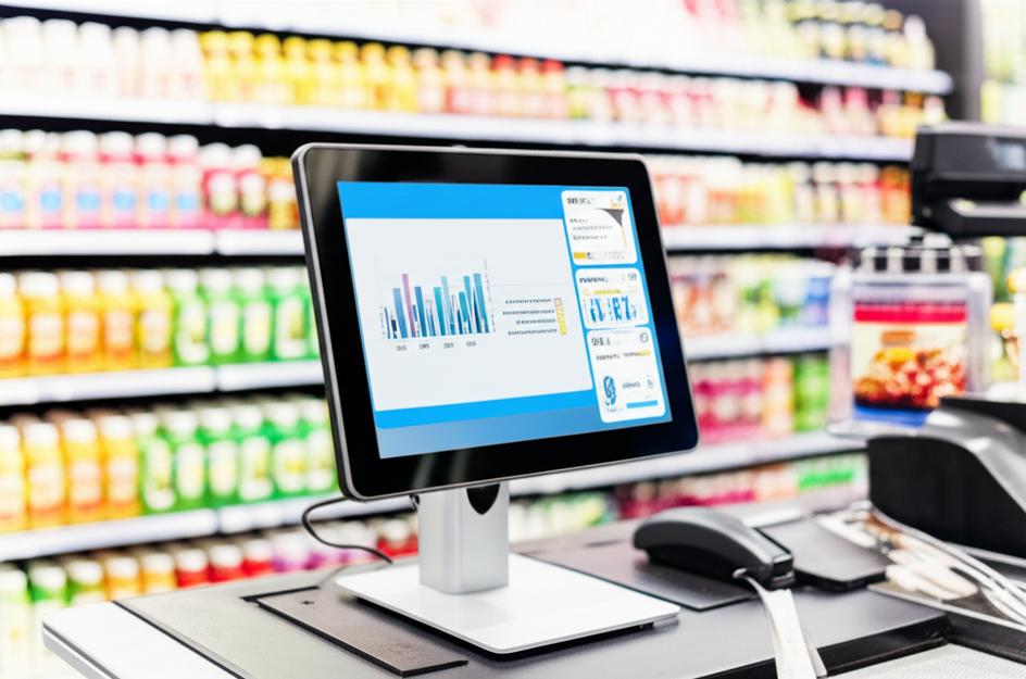 Quầy thu ngân hiện đại với màn hình phân tích dữ liệu bán lẻ.