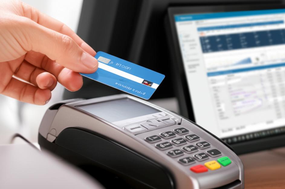 Nhân viên sử dụng máy POS quẹt thẻ trả trước, màn hình hiển thị giao diện phần mềm quản lý.