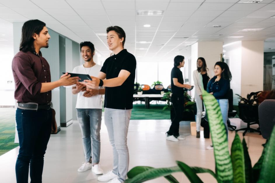 Nhân viên vui vẻ tương tác trong văn phòng hiện đại, thể hiện sự gắn kết và hỗ trợ.