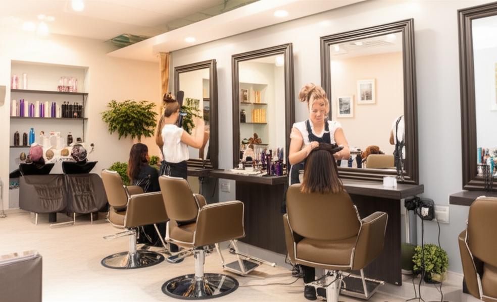 Bí Quyết Kinh Doanh Hair Salon Thành Công: Từ Ý Tưởng Đến Thực Tiễn 4 Không gian hair salon hiện đại, sang trọng với ghế làm tóc cao cấp, gương lớn và kệ trưng bày sản phẩm chuyên nghiệp, thể hiện sự chuyên nghiệp và thư thái.