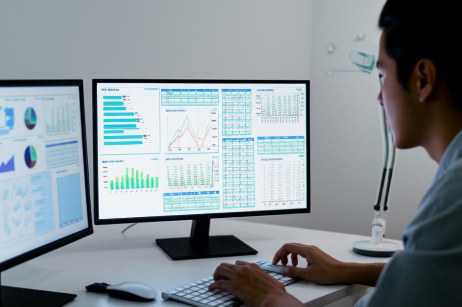 Chuyên gia phân tích dữ liệu làm việc với biểu đồ và số liệu trên màn hình máy tính.
