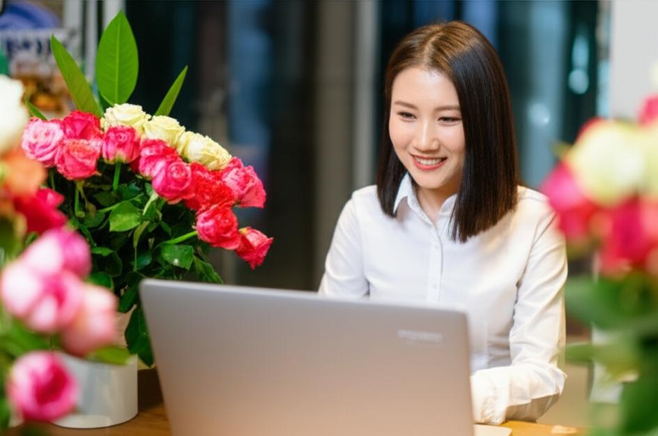 Cộng tác viên kinh doanh hoa hồng online làm việc tại nhà với sự hỗ trợ của máy tính và những bó hoa tươi.