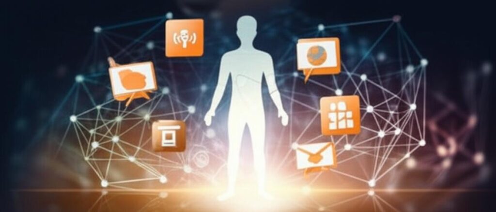 Hyper-personalization: Nâng tầm Trải nghiệm Khách hàng Đột phá 10 Abstract graphic showing a person receiving personalized services via data streams and icons.