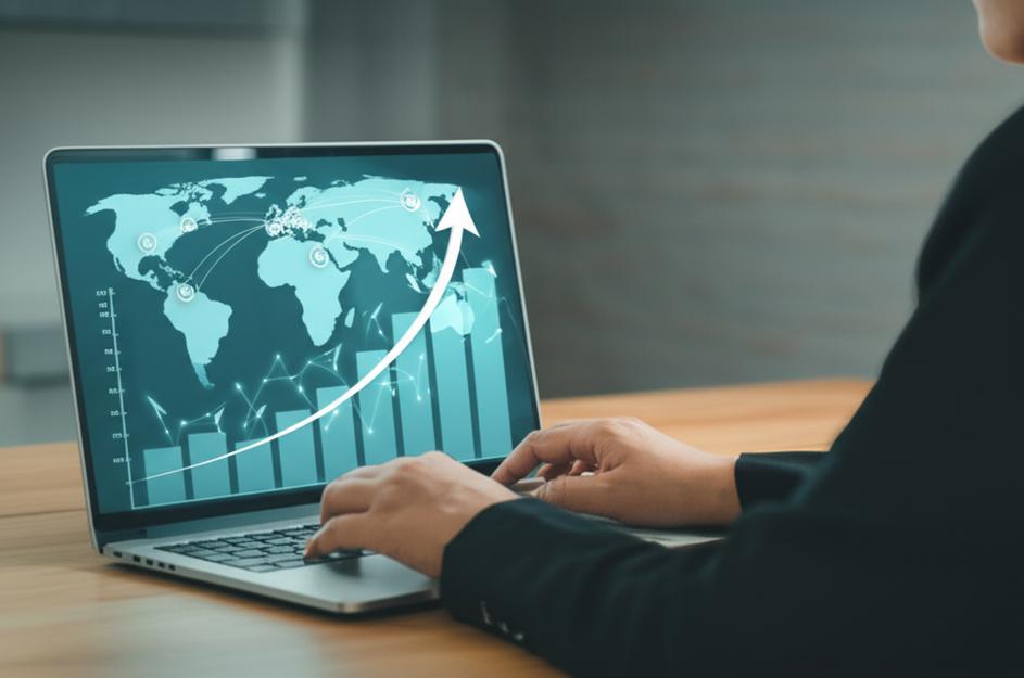 Biểu đồ tăng trưởng và bản đồ thế giới trên màn hình laptop, tượng trưng cho chiến lược thương mại điện tử quốc tế.