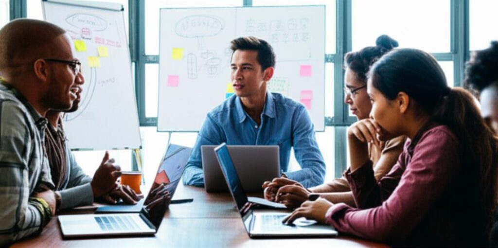 Bí Quyết Khởi Nghiệp Thành Công: Từ Ý Tưởng Đến Vận Hành Hiệu Quả 10 Doanh nhân trẻ thảo luận ý tưởng kinh doanh.