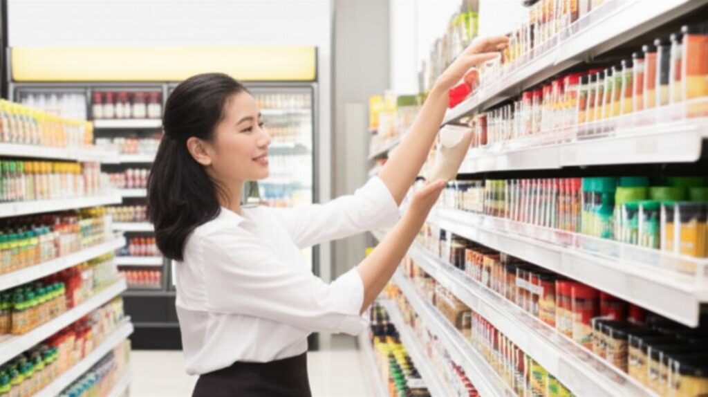 Cửa hàng tạp hóa hiện đại với nhiều mặt hàng được sắp xếp ngăn nắp, người bán hàng tươi cười.