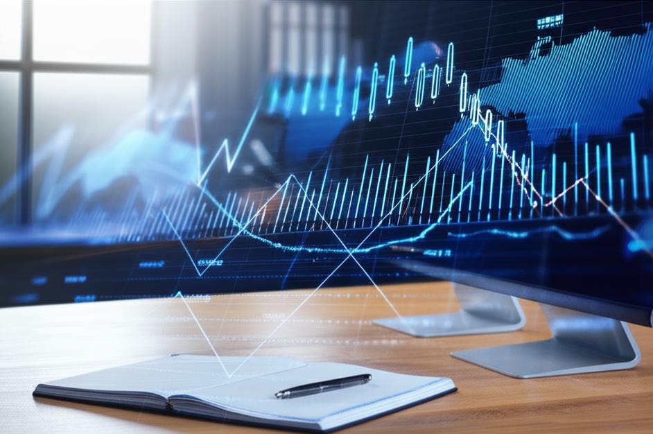 Bàn làm việc với máy tính hiển thị biểu đồ tài chính, sổ tay và bút.