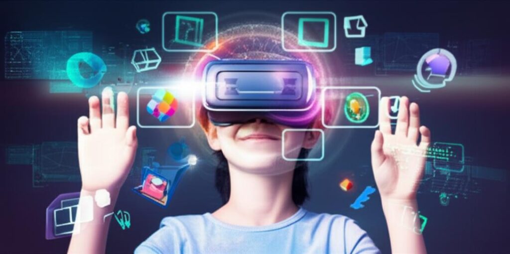 Người đeo kính VR tương tác với thế giới ảo đầy màu sắc.