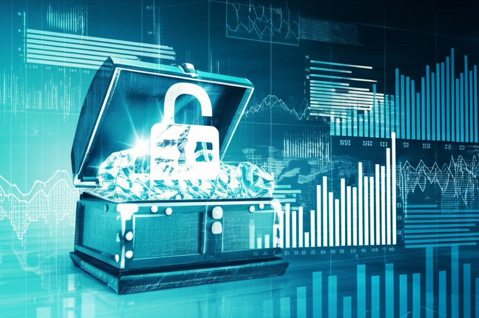 Minh họa khái niệm phân tích dữ liệu với biểu đồ, số liệu và chìa khóa mở kho báu thông tin.