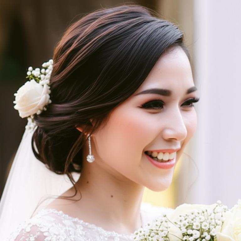 Cô dâu với kiểu tóc cưới lãng mạn, cài hoa tươi.