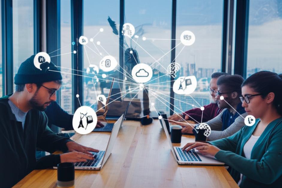 Nhân viên làm việc online trên máy tính, biểu tượng kết nối đám mây.