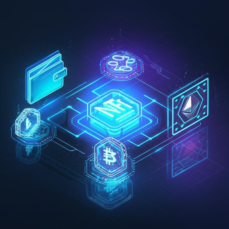 Minh họa khái niệm NFT với các yếu tố blockchain, ví tiền mã hóa và tài sản số.