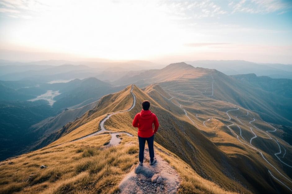 Một người đứng trên đỉnh núi, nhìn ra nhiều con đường, biểu tượng cho sự linh hoạt và khả năng thích ứng.