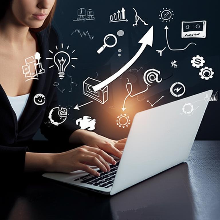 Hình ảnh minh họa cho marketing online với các biểu tượng và người làm việc hiệu quả.