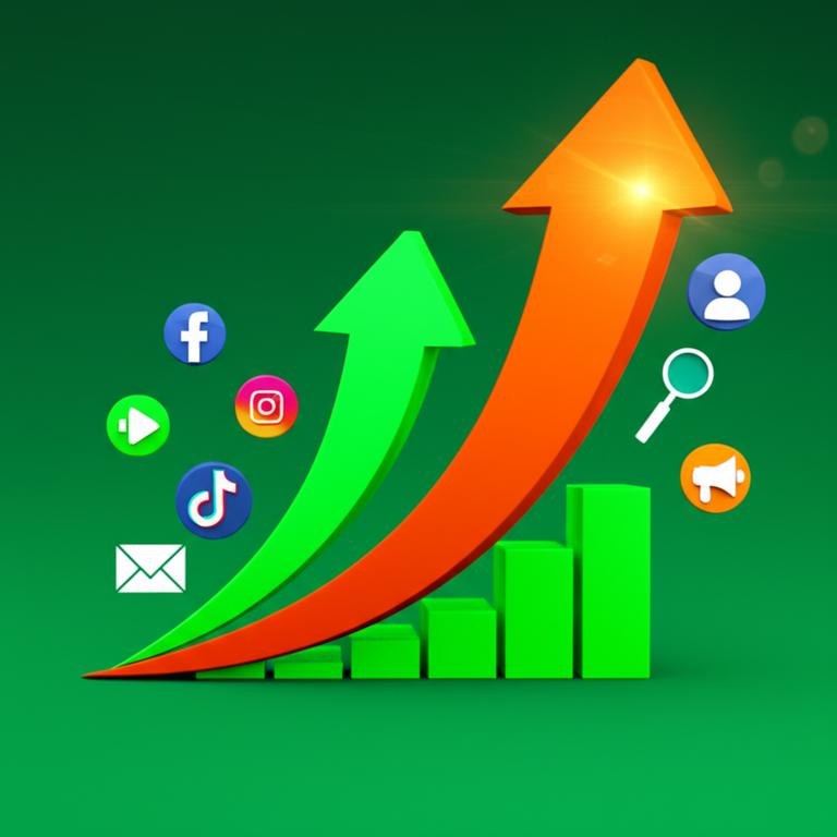 Bí Kíp Marketing Đột Phá: Tăng Doanh Số Bền Vững Cho Mọi Doanh Nghiệp 4 Biểu đồ tăng trưởng marketing kết hợp các biểu tượng kỹ thuật số và mạng xã hội, thể hiện sự phát triển và thành công.