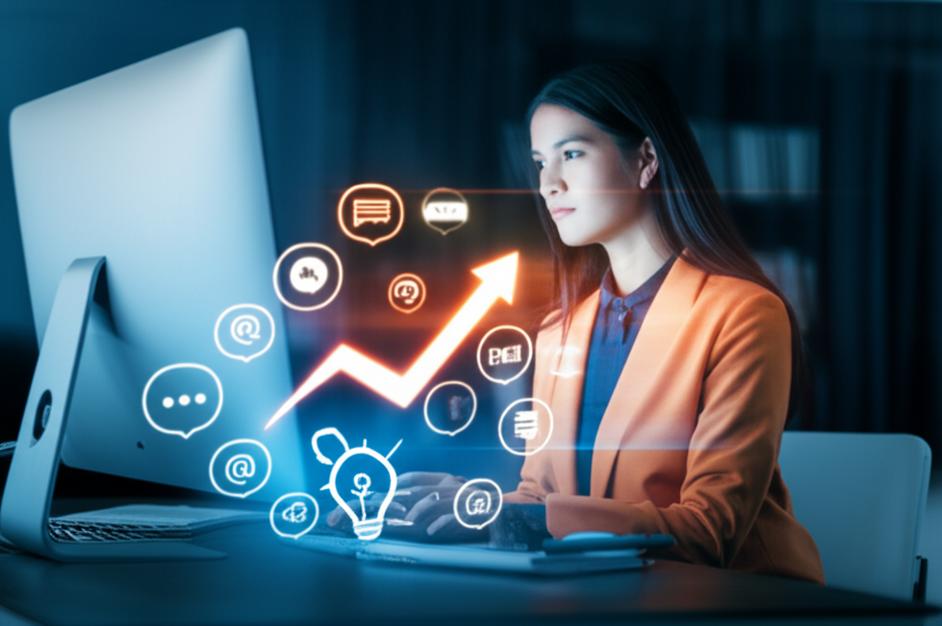 Bí quyết marketing đỉnh cao: Lời khuyên vàng giúp doanh nghiệp bứt phá 7 Chuyên gia marketing tập trung vào màn hình máy tính với các biểu tượng sáng tạo xung quanh.