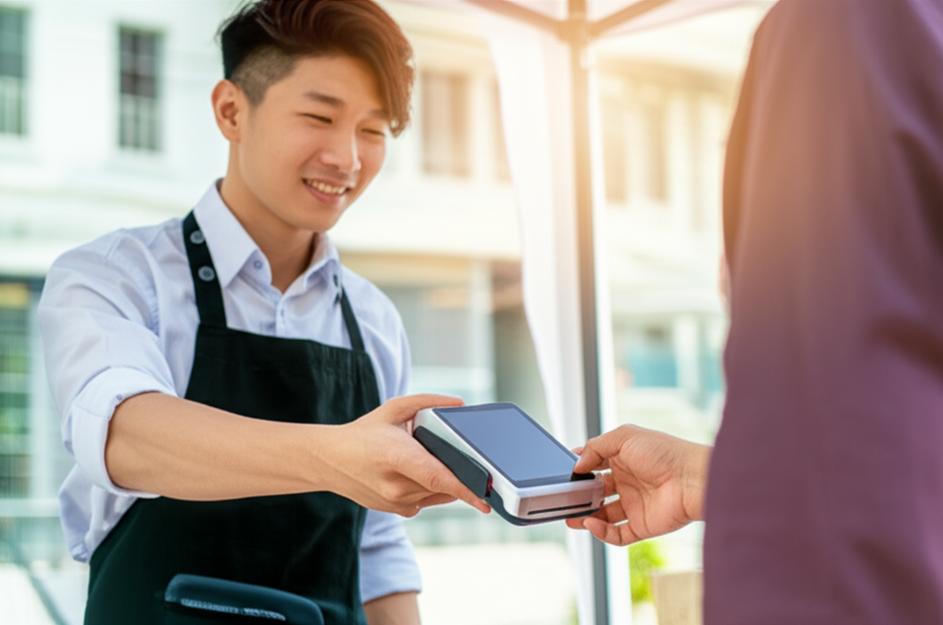 Máy Tính Tiền Cầm Tay: Trợ Thủ Đắc Lực Cho Mọi Gian Hàng Di Động 6 Người bán hàng dùng máy tính tiền cầm tay thanh toán cho khách tại gian hàng ngoài trời.