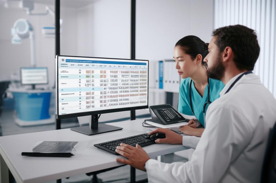 Giao diện phần mềm quản lý dữ liệu y tế trên màn hình máy tính trong bối cảnh phòng khám.