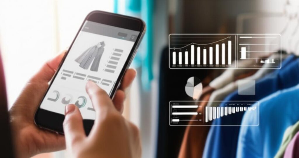 Người dùng quản lý cửa hàng quần áo trên điện thoại di động với phần mềm bán hàng.