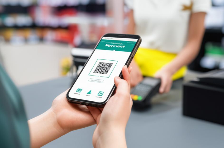 Người dùng thanh toán bằng điện thoại thông minh tại quầy thu ngân.