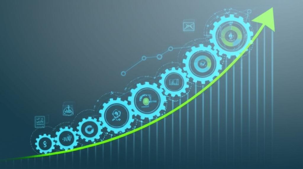 Biểu đồ tăng trưởng và bánh răng tượng trưng cho hiệu quả hoạt động doanh nghiệp.