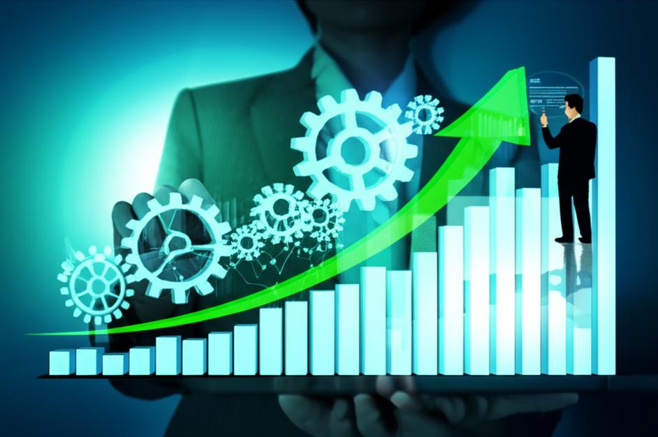 Biểu đồ tăng trưởng và các yếu tố kinh doanh kết hợp, thể hiện sự phát triển và hiệu quả.