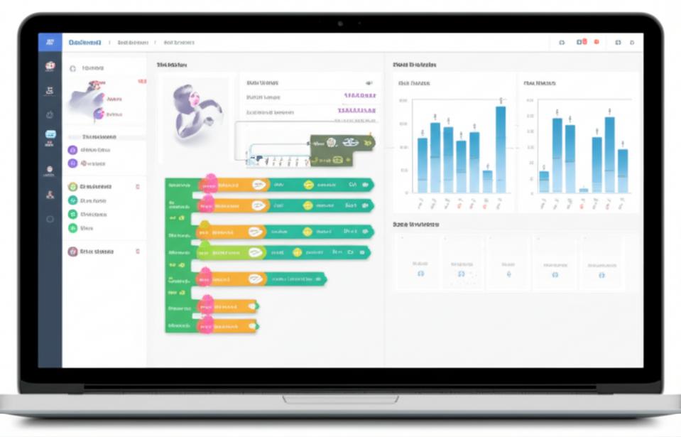 Giao diện trực quan của một nền tảng chatbot, cho thấy các công cụ xây dựng luồng hội thoại và phân tích dữ liệu.