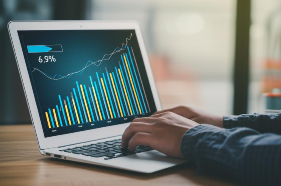 Người trẻ làm việc trên laptop với biểu đồ tăng trưởng kinh tế số.