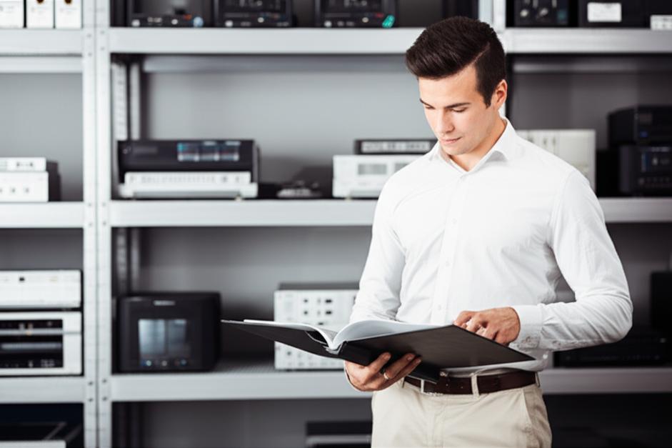 Một chuyên gia đang xem xét danh mục thiết bị điện tử tại văn phòng.