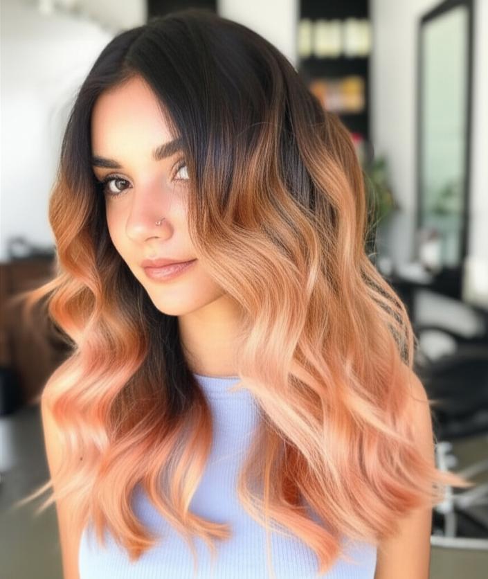 Mái tóc ombre chuyển màu từ nâu sẫm sang hồng đào, mềm mại và quyến rũ.