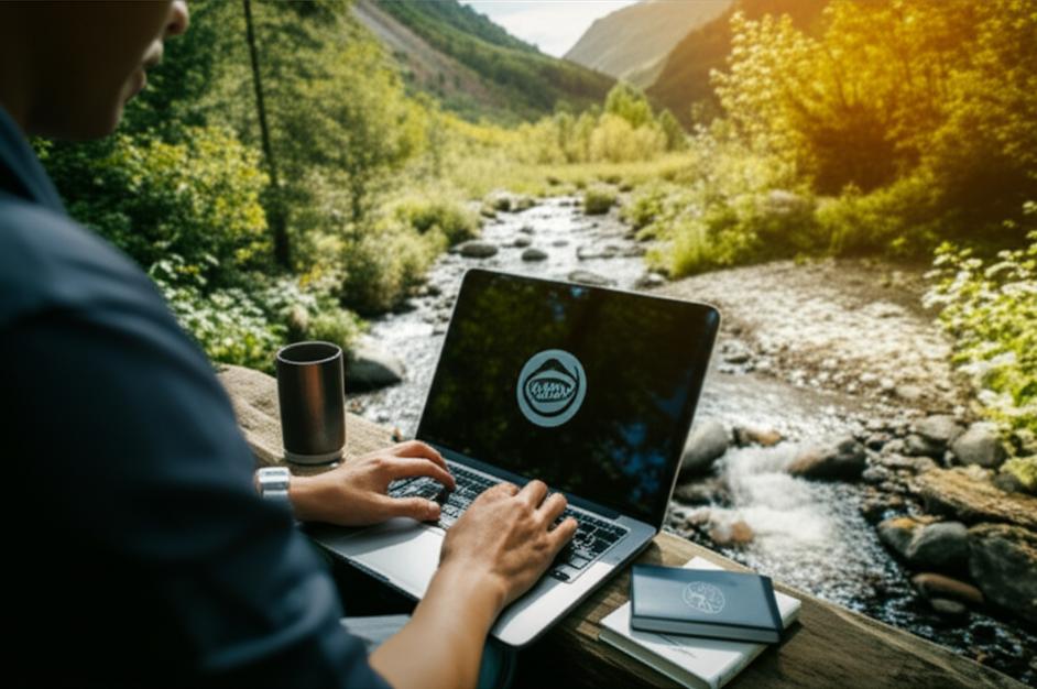 Người làm việc hiệu quả trên laptop ở nơi hẻo lánh không có mạng, với sự hỗ trợ của Ebiz.