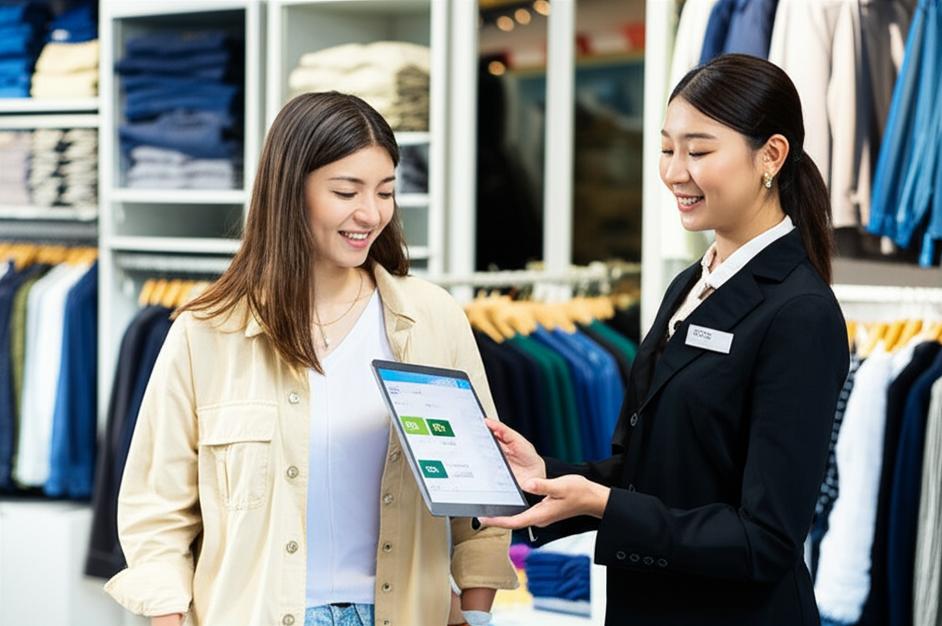 Cửa hàng quần áo hiện đại với nhân viên sử dụng phần mềm bán hàng trên máy tính bảng.