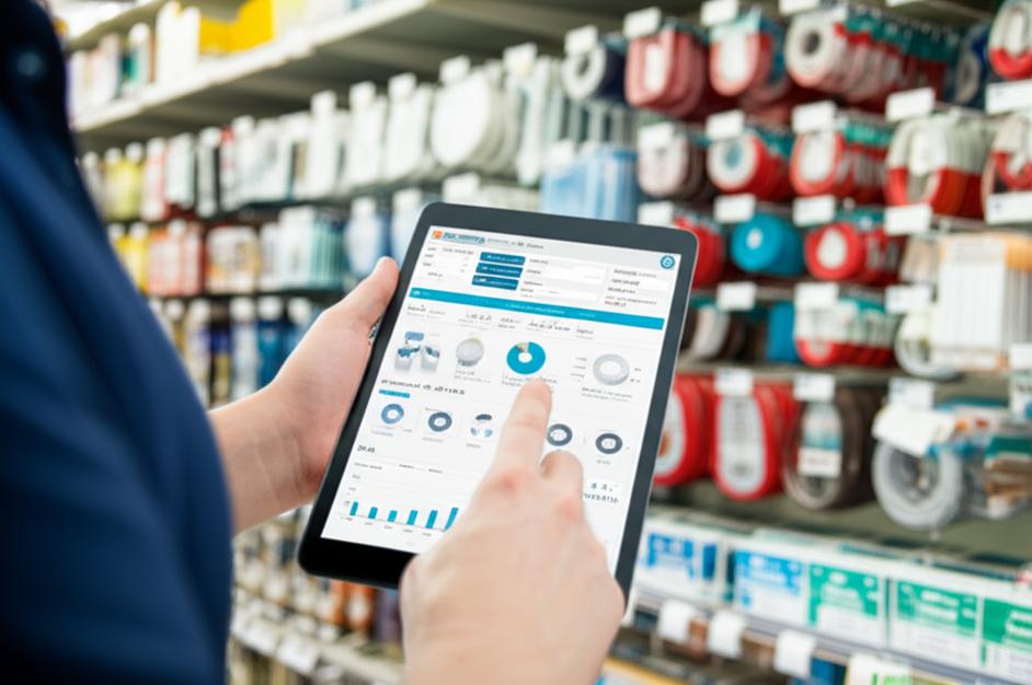 Nhân viên quản lý kho hàng điện nước bằng phần mềm bán hàng trên máy tính bảng.