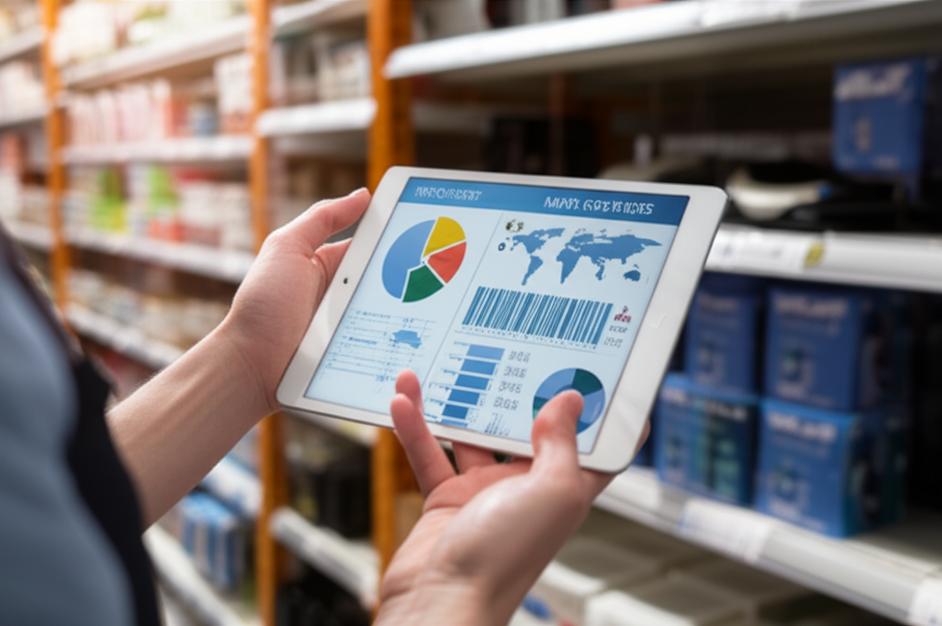 Người dùng quản lý kho phụ kiện mã vạch bằng phần mềm trên máy tính bảng.